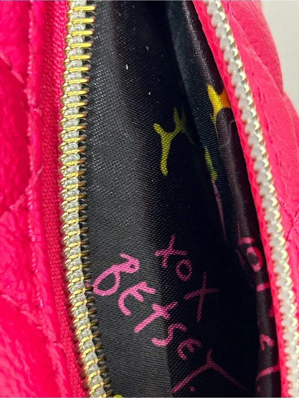 Betsey Johnson Hot Pink and Black Quilted Satchel with Gold Accents